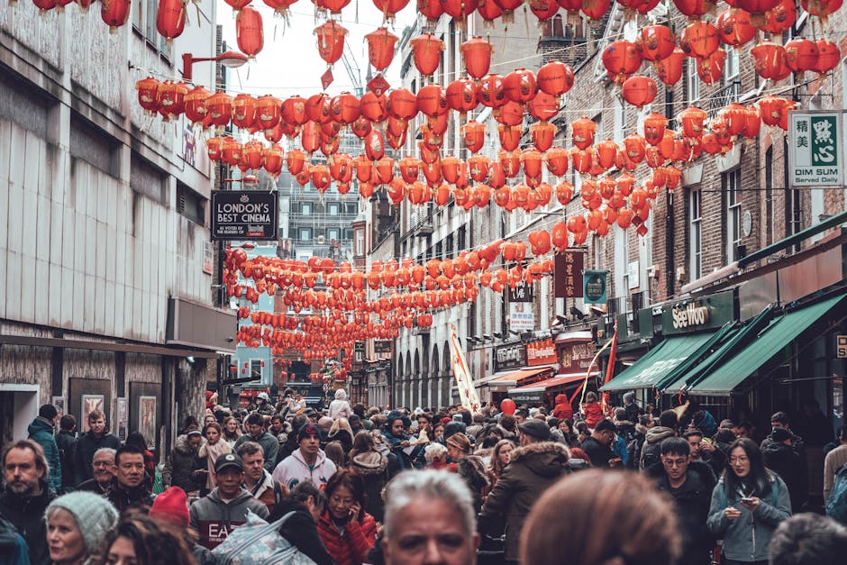 A busy street scene during daytime decorated with numerous red Chinese lanterns hanging overhead, creating a festive atmosphere. The street is filled with a diverse crowd of pedestrians walking in various directions, many wearing jackets and winter clothing. On the left side, there are storefronts and signs, including one advertising London's best cinema. To the right, there are green awnings and signage with Chinese characters, indicating Asian shops or restaurants, while other shops are visible along the street. The buildings are multi-storey and closely packed, with a mix of traditional and modern architectural elements. Bright natural light illuminates the scene, highlighting the vibrant lanterns and the bustling activity below. This location reflects a lively urban environment possibly during a cultural celebration, with the context of house removals or furniture transport being relevant if considering moving logistics within lively city areas like West Ham, where [COMPANY_NAME] operates.