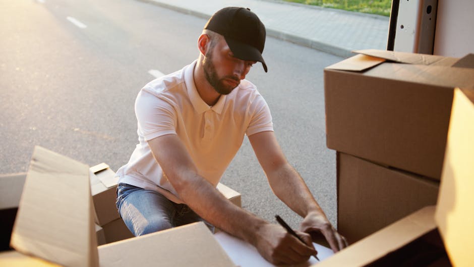 A man with a beard, wearing a black cap, white polo shirt, and jeans, is inside the back of a vehicle, possibly a van, working on a paperwork or inventory list during a home relocation. Around him are several packed cardboard boxes, some open with visible packing materials such as bubble wrap and tissue paper. The boxes are stacked neatly inside the vehicle, which is parked on a paved street near a house with a doorway visible in the background. The lighting suggests natural daylight, and the scene captures the busy process of loading or preparing items for a furniture transport or home moving service, reflecting professional removals activities associated with [COMPANY_NAME] and their house removals offerings.