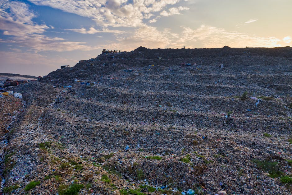 A large landfill site with a vast expanse of accumulated waste, consisting of mounds of mixed household and industrial rubbish, including plastic bags, cardboard, and discarded household items, stretching across a sloping terrain under a sky with scattered clouds during late afternoon or early evening. The site is enclosed by a dirt path or access road, and in the distance, a few scattered structures or vehicles may be faintly visible. The landscape appears chaotic and polluted, with no vegetation present on the waste heaps. This scene highlights environmental impacts related to improper disposal and waste management, which can be relevant to discussions on house removals, disposal regulations, and alternative waste management solutions, as addressed in the West Ham skip rules. Man with Van West Ham provides services that may include waste removal and assisting with proper disposal during house relocations.
